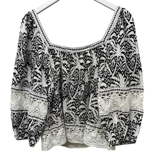 PANAMA JACK Peasant Blouse Large Linen Blend Black Print Womens Crochet Top - Picture 1 of 9